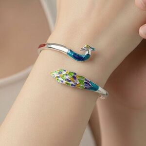Peacock Cuff Bracelet Stainless Steel Colorful Enamel Feather Open Bangle Boho